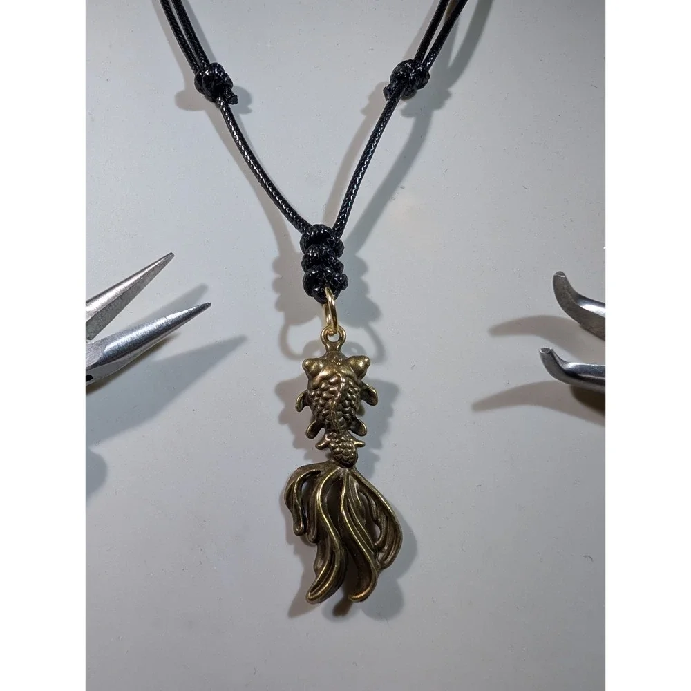 Goldfish Pendant Necklace Bronze Koi Fish Charm Black Cord Adjustable 14-24 Inch